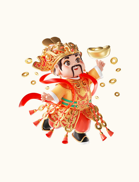 正月初五春节3D立体国潮中国风财神人物腰缠万贯撒金币形象
