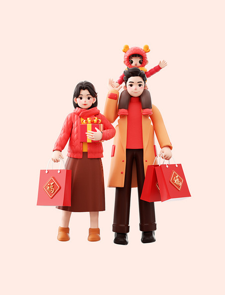 3d春节拜年一家人喜庆过年团聚购物