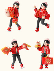 春节3D立体时尚女孩人物购物拜年形象套图