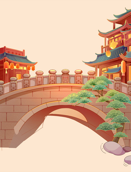 古代建筑物中国风手绘插画元素