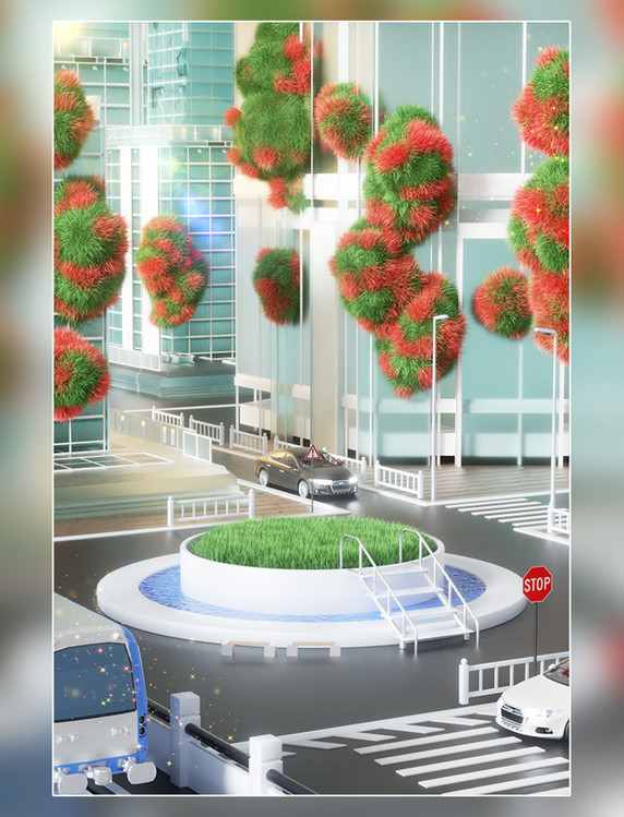 春季春天3D立体现代城市建筑街景单产品科技创意园区场景