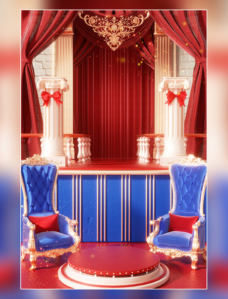 妇女节女王节3D立体红蓝欧式建筑电商展台场景
