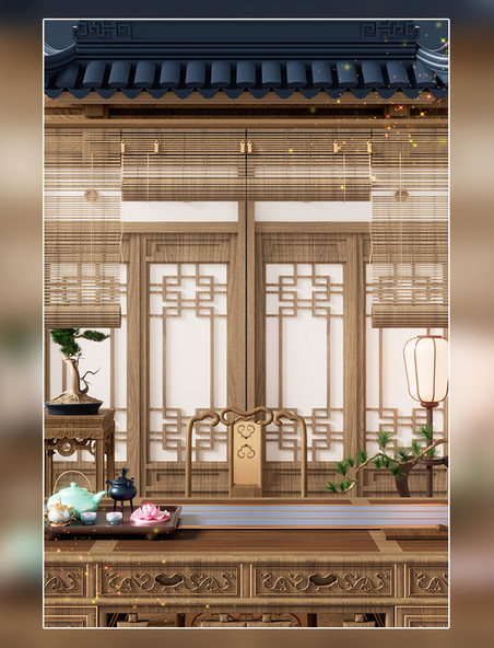 3D立体中式中国风室内建筑茶室茶楼场景直播间背景