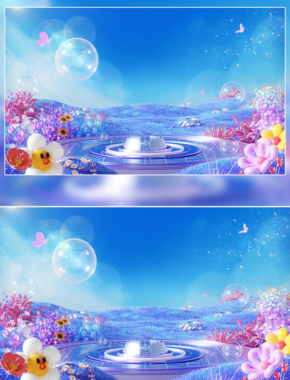 春天春季简约3D立体户外植物科技电商展台场景