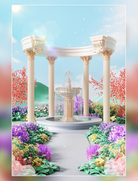 妇女节女神节3D立体喷泉欧式建筑户外花朵植物场景