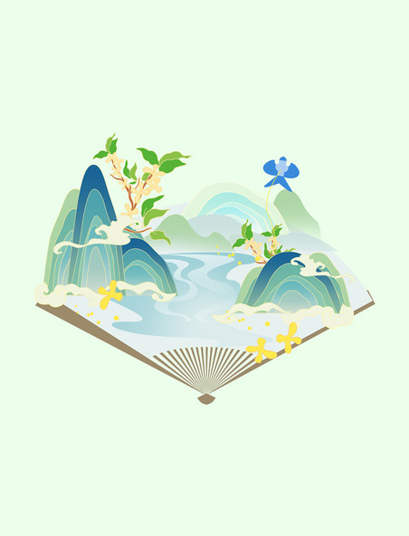 国潮风清明节山水扇子风景设计图元素