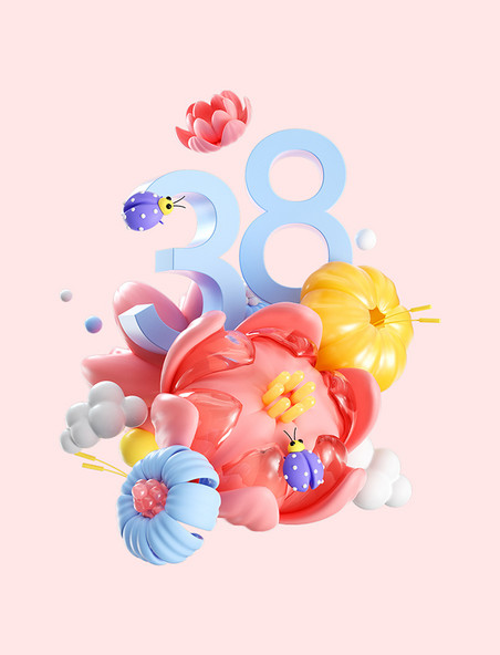3D立体38妇女节花卉植物数字组合建模电商促销宣传素材