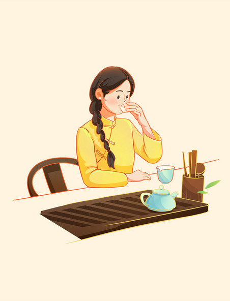谷雨时节节气传统习俗中国风喝茶插画元素