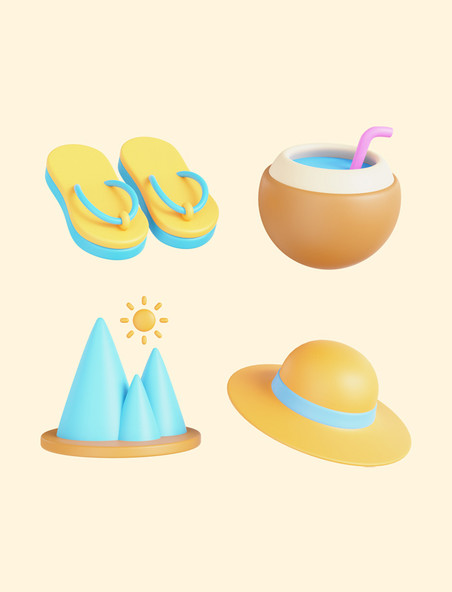 3D立体夏天旅行椰汁拖鞋遮阳帽图标元素