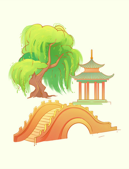 中国风传统古建筑柳树插画元素