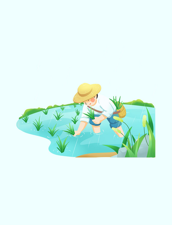 24节气谷雨雨中插秧春耕种植水稻农民元素