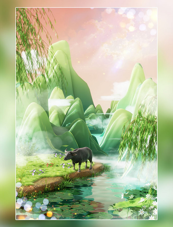 清明节3D立体踏青春游山水场景