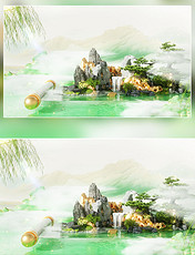 清明节3D中国风国潮立体山水卷轴景观场景