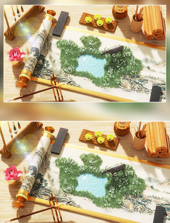 清明节3D立体中国风桌面卷轴植物景观场景