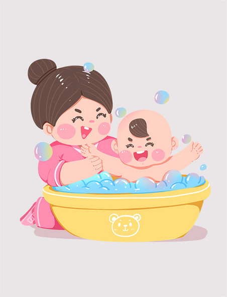 卡通新生儿护理母亲人物母婴亲子洗澡