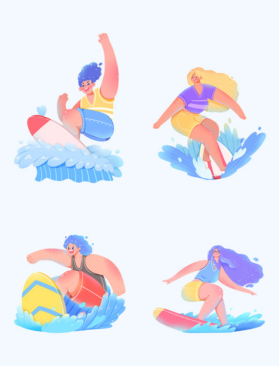 夏天冲浪运动海边夸张人物元素套图
