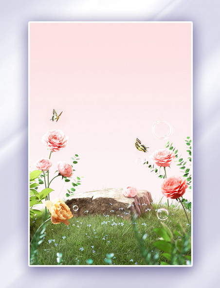 3D立体春天春季植物花朵粉色C4D展台背景仿摄影展台