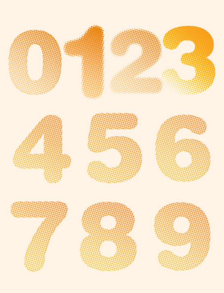 彩色半调橙色渐变波点数字0123456789