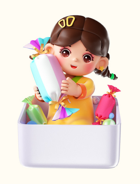 儿童节3D立体可爱小女孩糖果盒元素