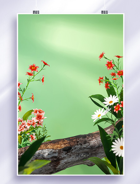 春季自然花卉植物绿色3D立体场景仿摄影展台背景素材