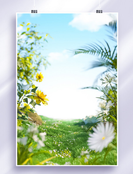 春天春季自然植物花卉绿色立体C4D植物场景背景图片仿摄影展台