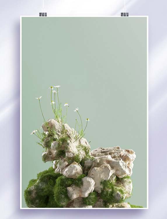 春季自然植物石头绿色3D立体背景仿摄影展台