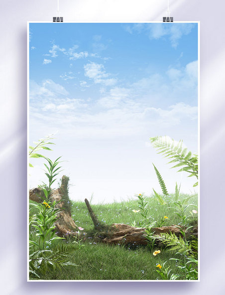 春天春季自然草地植物枯木绿色清新C4D展台背景图