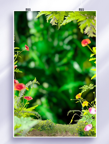 春天自然植物花卉绿色3D立体场景仿摄影展台