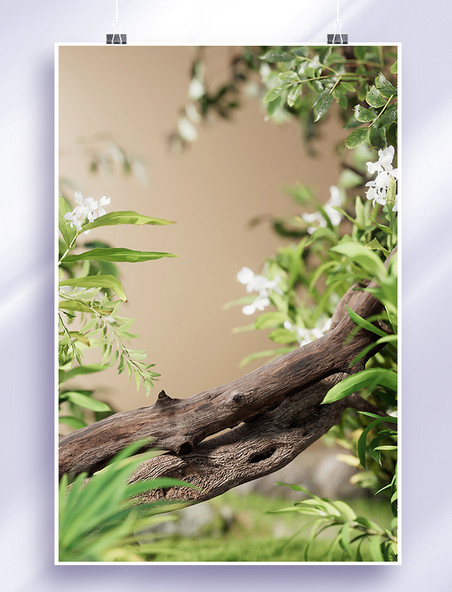 夏季植物绿植绿色3D立体场景背景仿摄影展台
