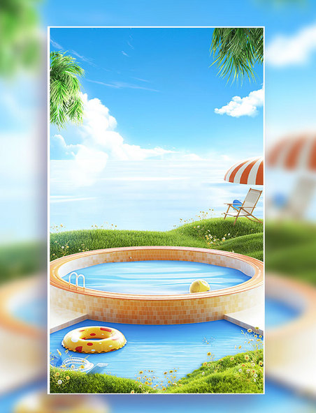 夏季夏天3D场景泳池游乐园游泳池