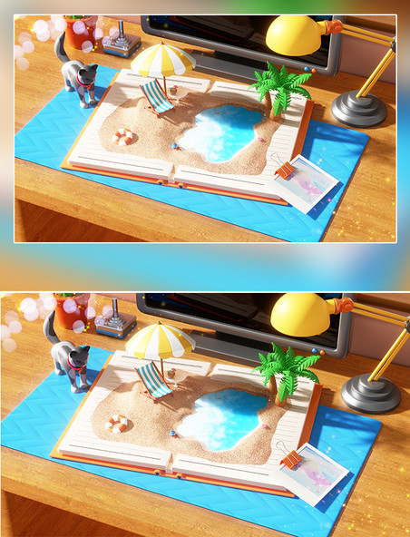 夏季夏天3D立体书桌书本海边沙滩微景观场景