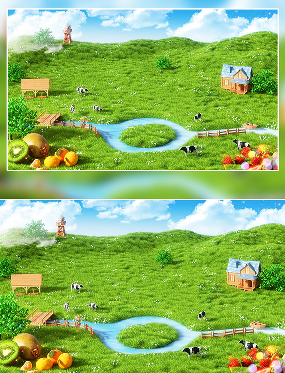 3D立体户外绿色农场有机水果牧场奶牛草地植物生态场景背景