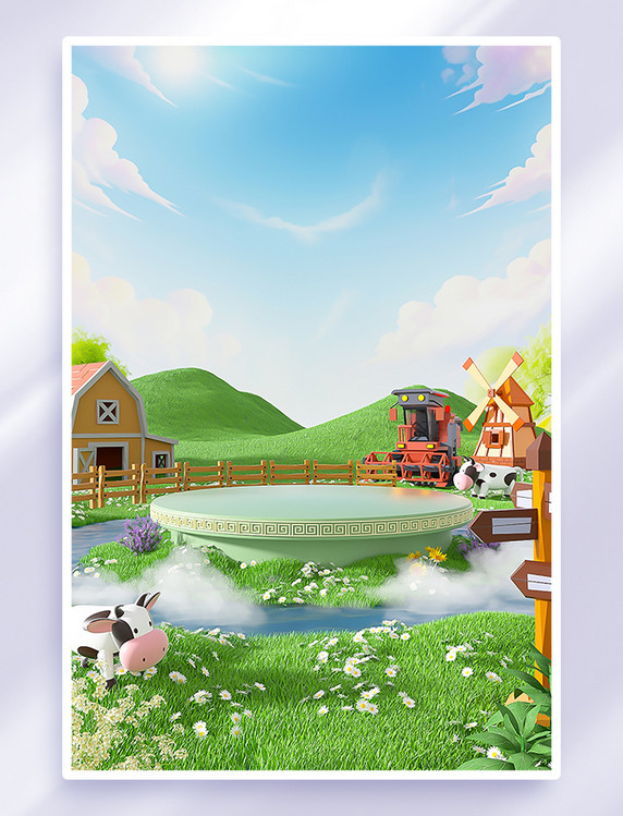 3D夏季户外风景绿色牧场展台