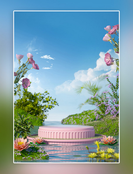 夏季植物花卉绿色3D立体C4D背景仿摄影展台
