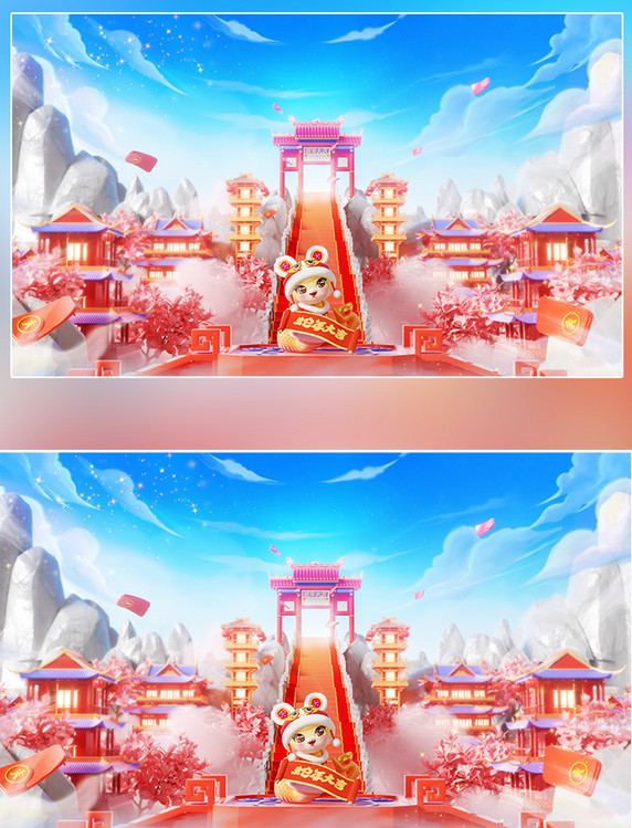 蛇年春节中国风3D立体红色喜庆大气建筑展台电商横板场景
