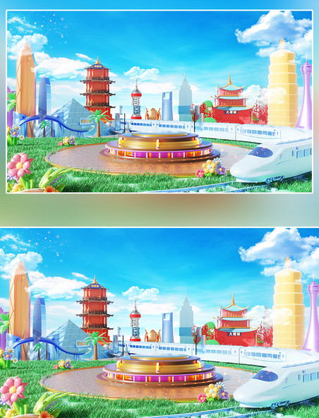 十一国庆节3D立体城市地标建筑电商展台旅游场景