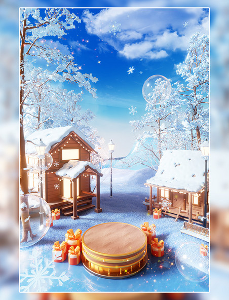 冬季冬日3D立体雪景小屋电商展台场景
