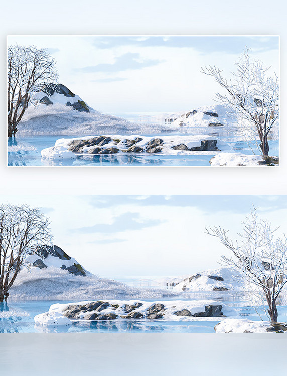 C4D冬季风景雪山雪树白色3D立体背景