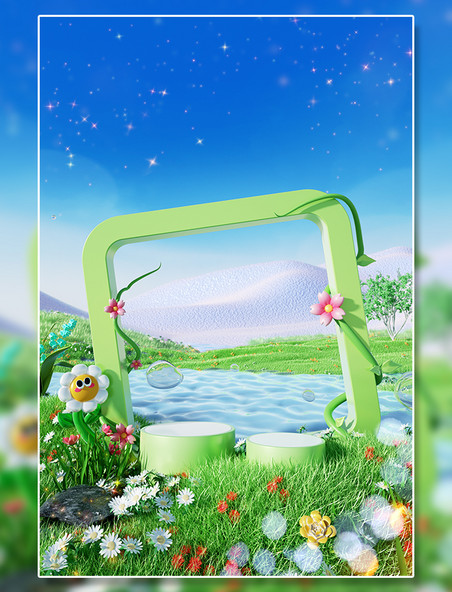 春天春季3D场景电商背景场景