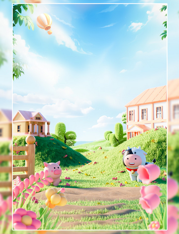 春天3D花草植物绿色春季牧场田园背景