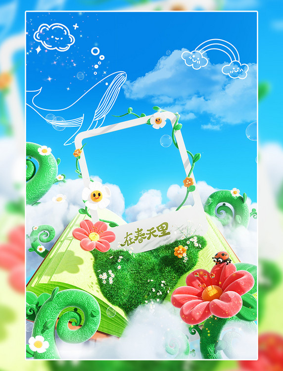 春季春天3D立体空中草地花朵植物电商场景