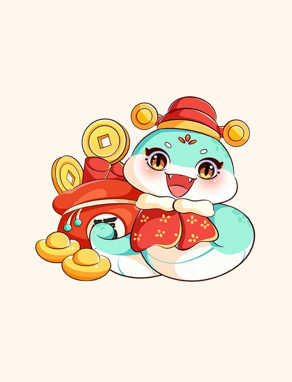 蛇年春节手绘可爱小蛇财源广进元素