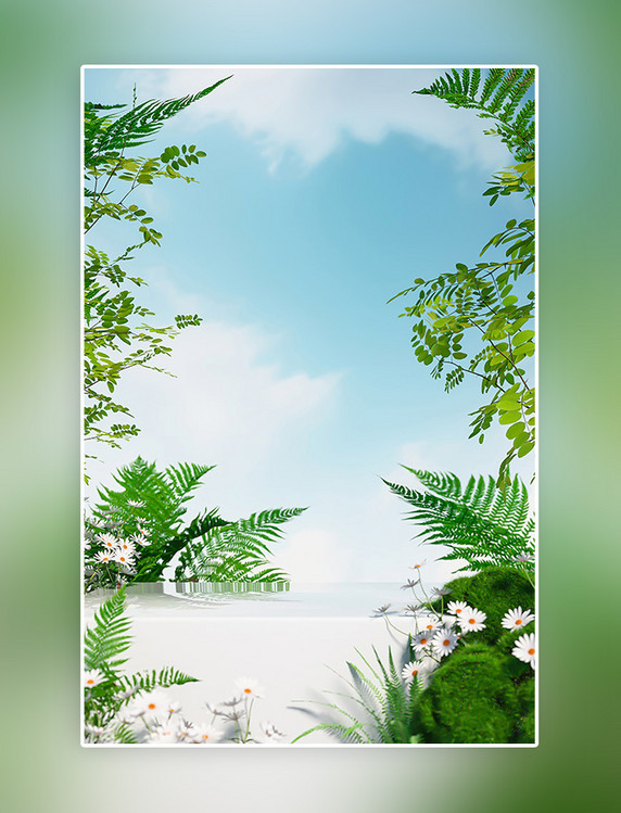 春季风景春天植物花草绿色3D立体仿摄影展台背景
