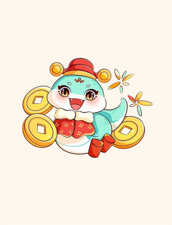 蛇年大吉卡通手绘喜迎新春插画png元素