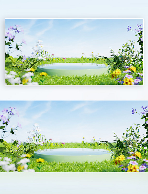 春天风景初春草坪花卉绿色3D立体防摄影展台背景