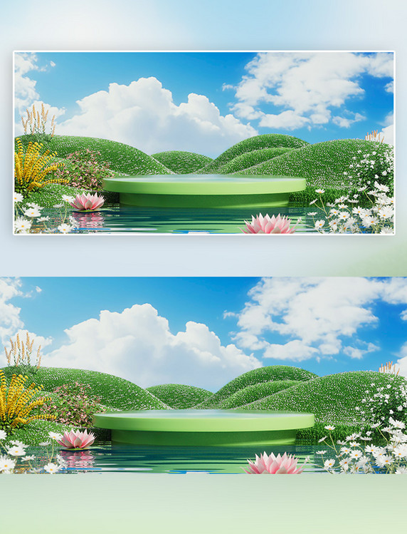 春季春日户外植物绿植绿色3D立体仿摄影展台背景