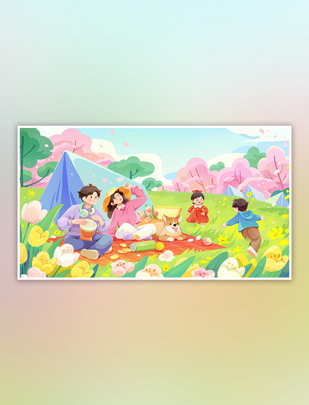 春季露营场景人物插画