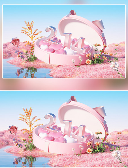 立体情人节粉色背景c4d电商场景