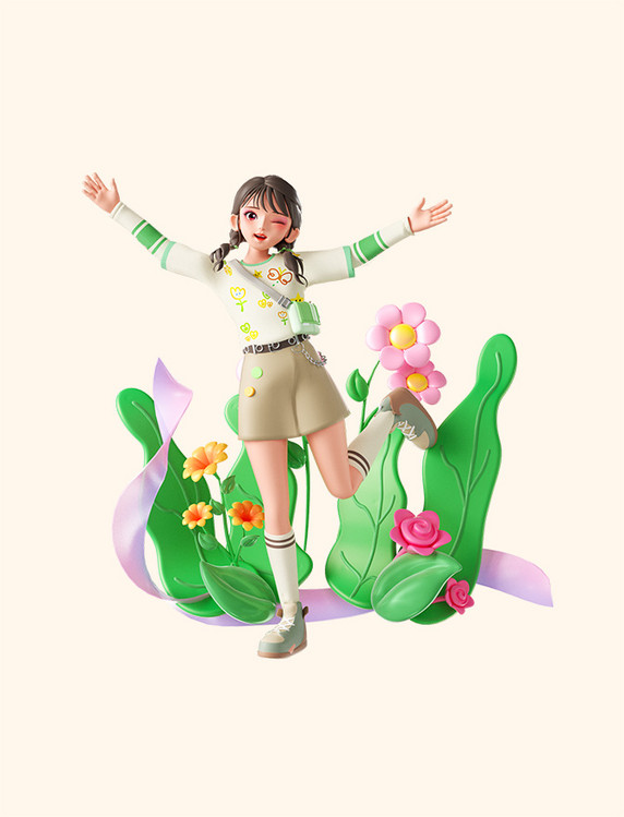 春季旅游春天可爱女孩3D人物春游踏青形象免抠元素