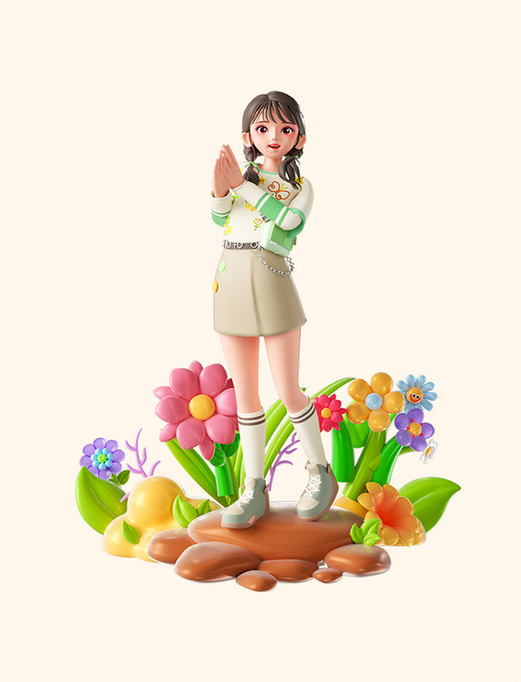 春季旅游春天可爱女孩3D人物踏青形象PNG素材
